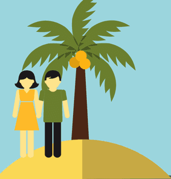 flat illustration of two people on an island by a palm tree