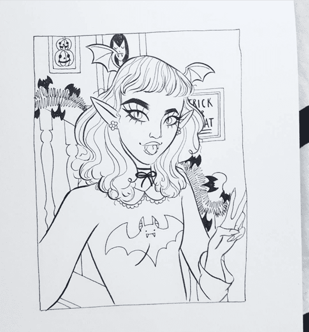 Ink artwork portrait of a woman dressed up as a bat for Inktober